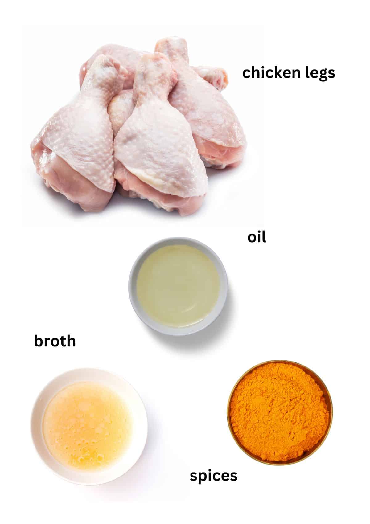 raw chicken legs and bowls with oil, broth and seasoning.