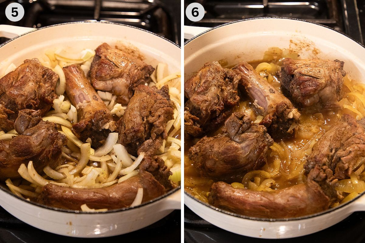 collage of two pictures of smothering turkey necks with onions in a dutch oven.