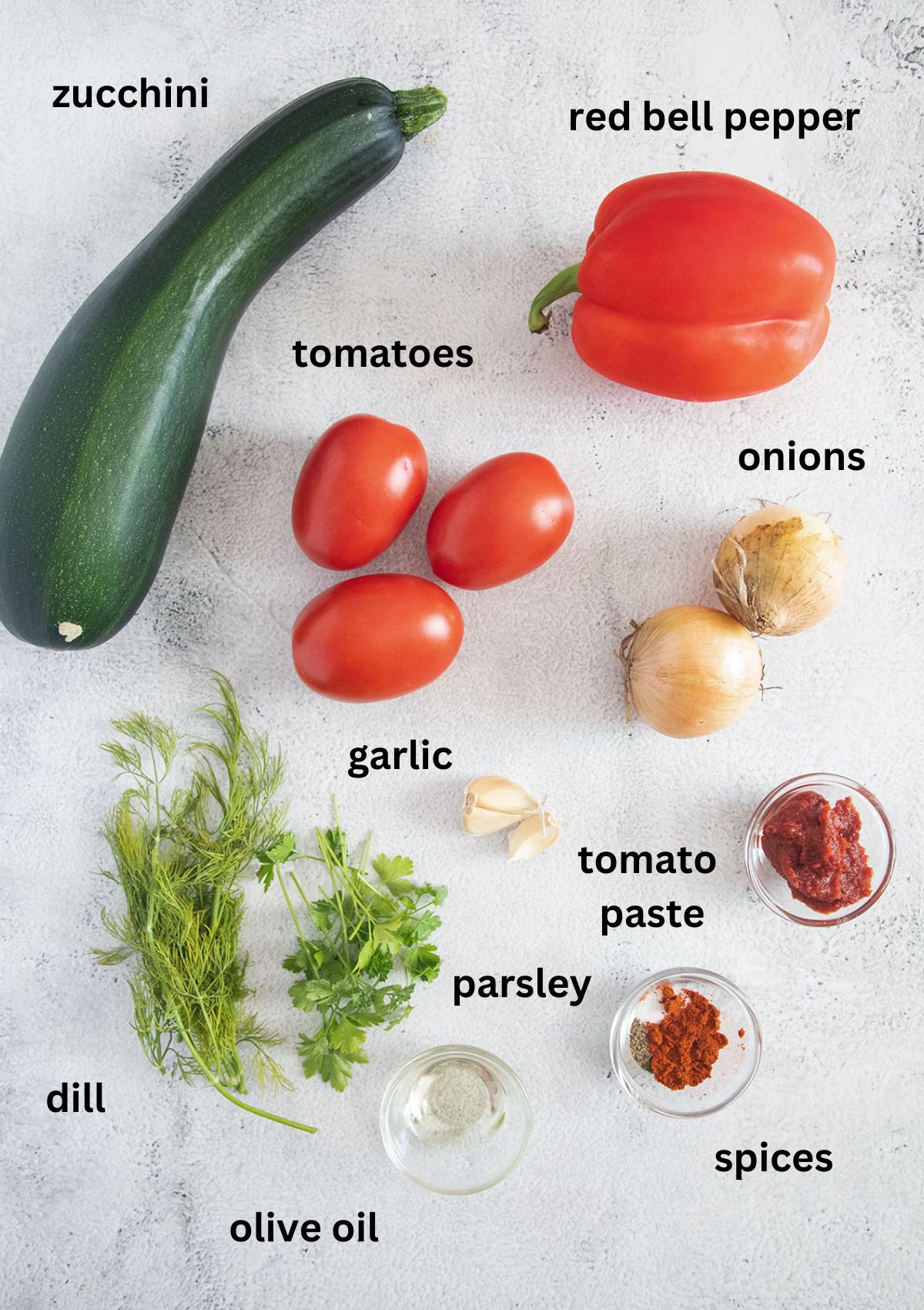 zucchini, pepper, tomatoes, garlic, herbs, tomato paste, onions and spices on a table with their name written.