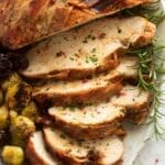 pinterest image with title for bacon wrapped turkey breast.