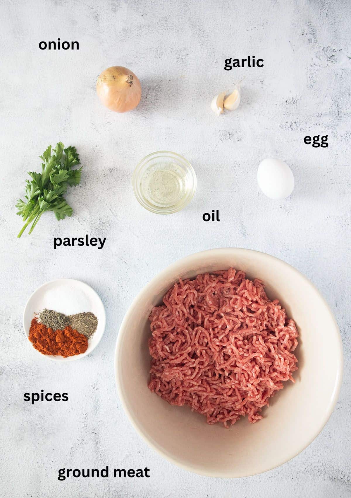 labeled ingredients for making meatballs.