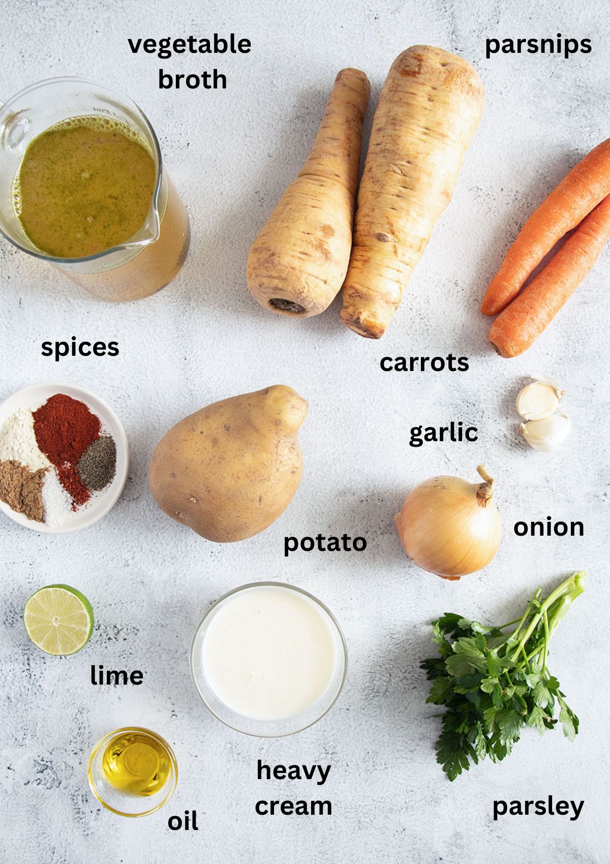 labeled ingredients for making parsnip soup with carrots and potatoes.