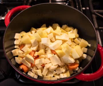 saute parsnip, carrots, and potatoes in a red dutch oven.