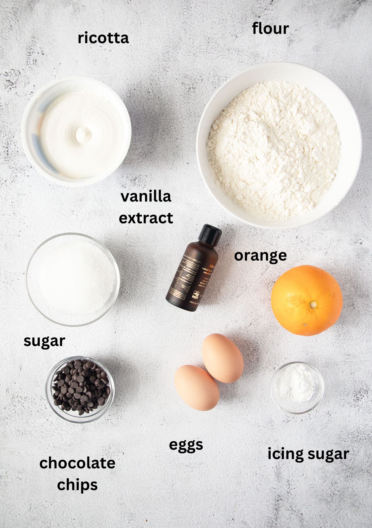 labeled ingredients for making ricotta cookies with chocolate chips and orange glaze.