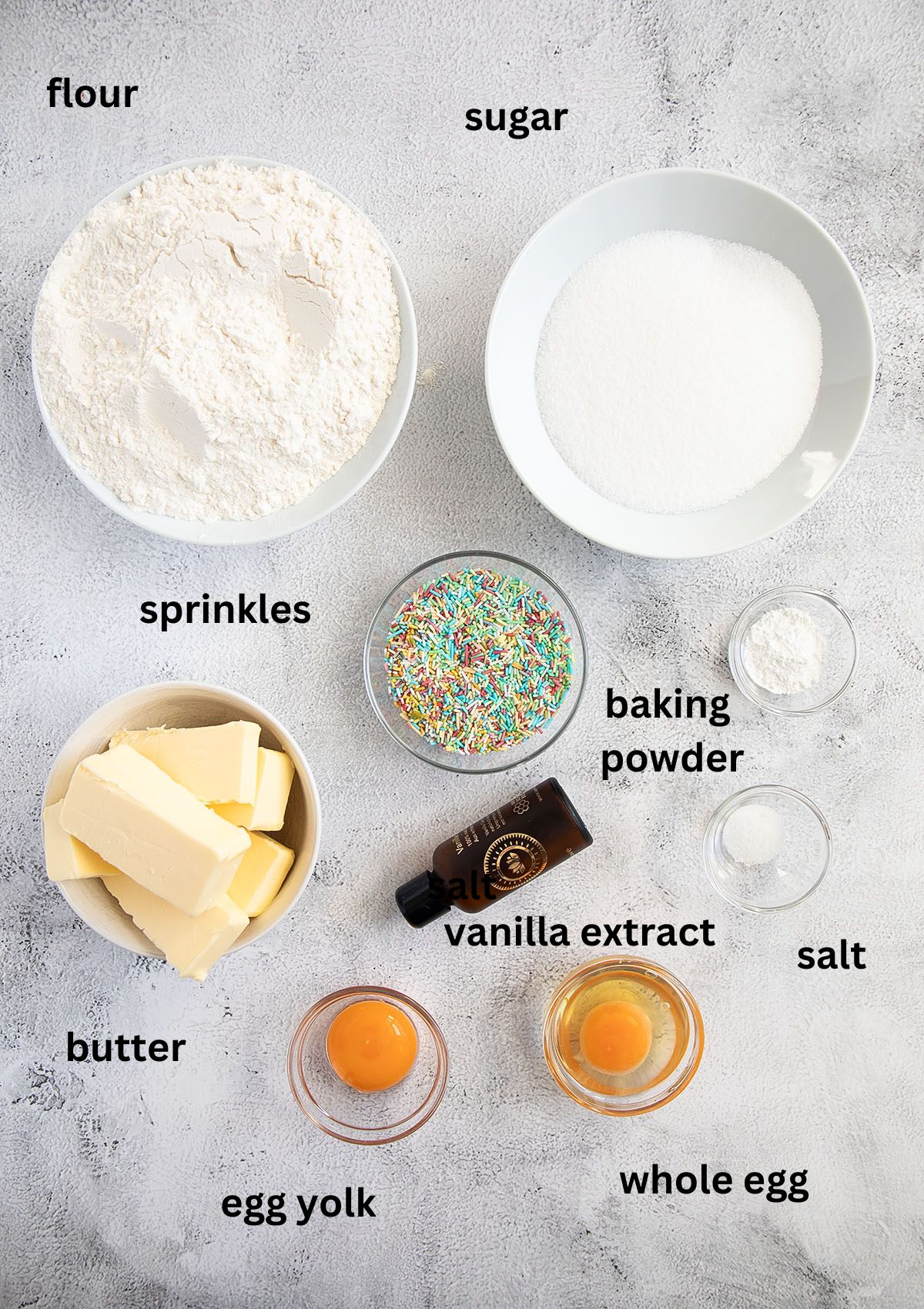 labeled ingredients for cookies made with sprinkles.