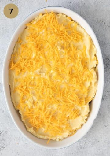 shepherd's pie sprinkled with cheddar cheese before baking.