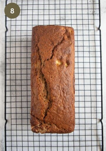 baked bread with rhubarb and bananas on a cooling rack.