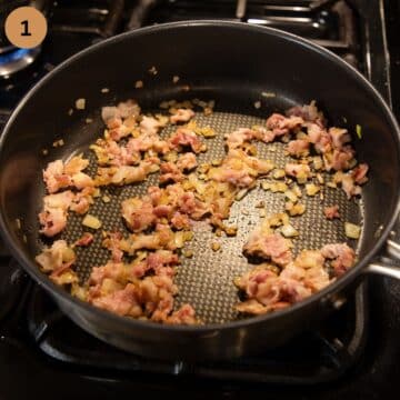 saute chopped bacon and onions for making risotto in a large pan.