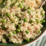 pinterest image with the title pea and bacon risotto.