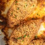 pinterest image with title almond chicken breasts.