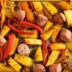 pinterest image with the title roasted sausage potatoes and peppers.