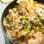 pinterest image with the title chicken and leeks.