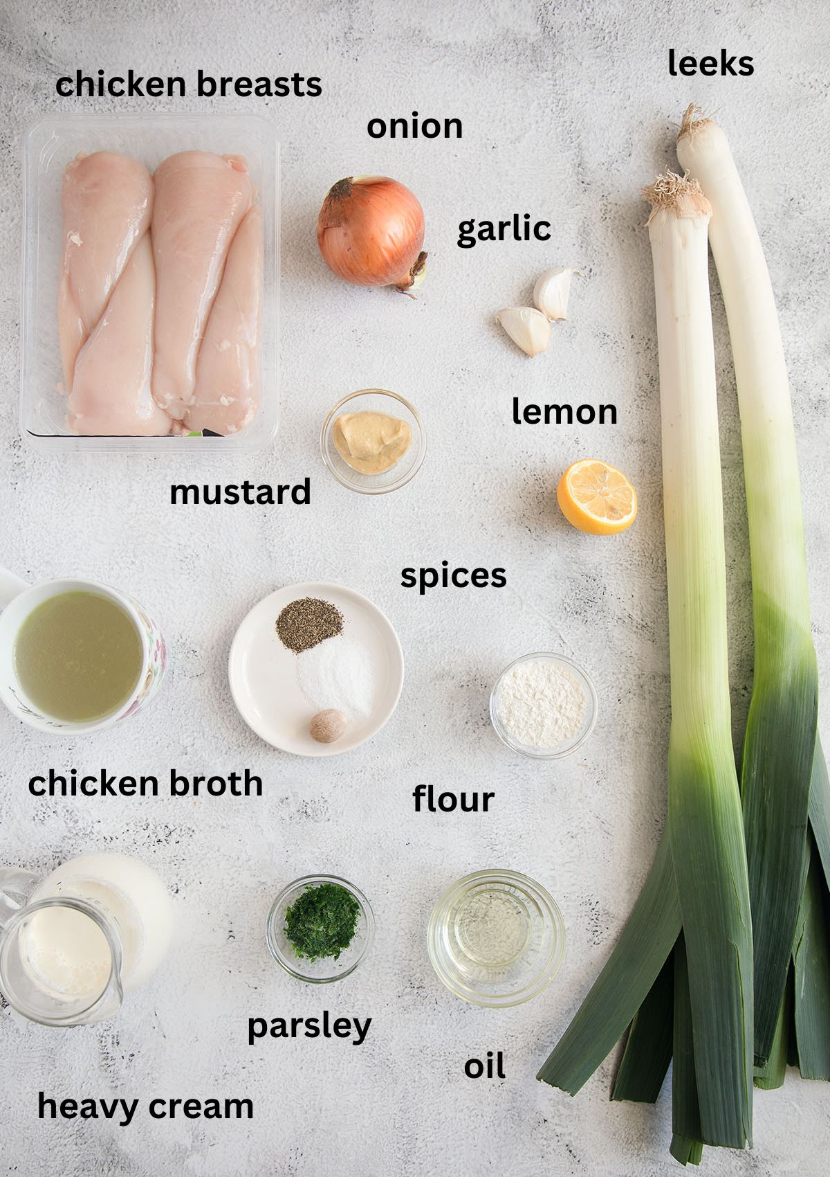 labeled ingredients for making chicken breast with leeks, heavy cream, onion, and spices.