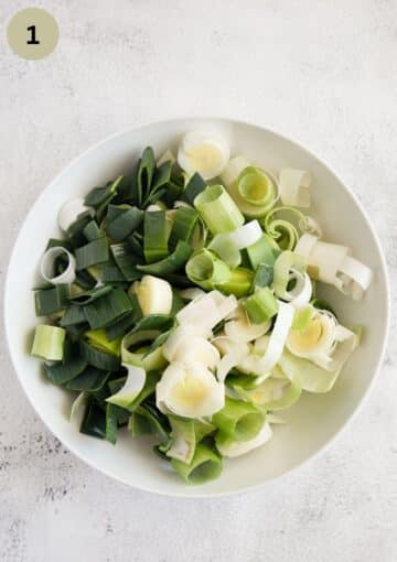 thinly sliced leeks in a bowl.