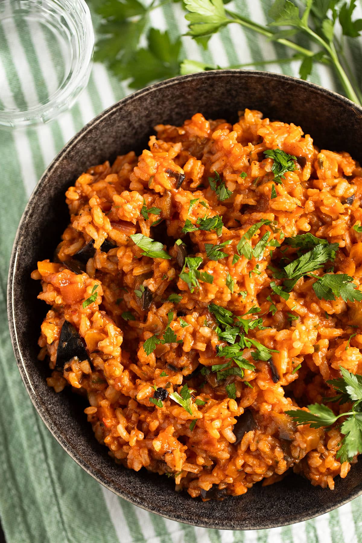 rice with eggplants and tomato sauce, parsley springs around it.