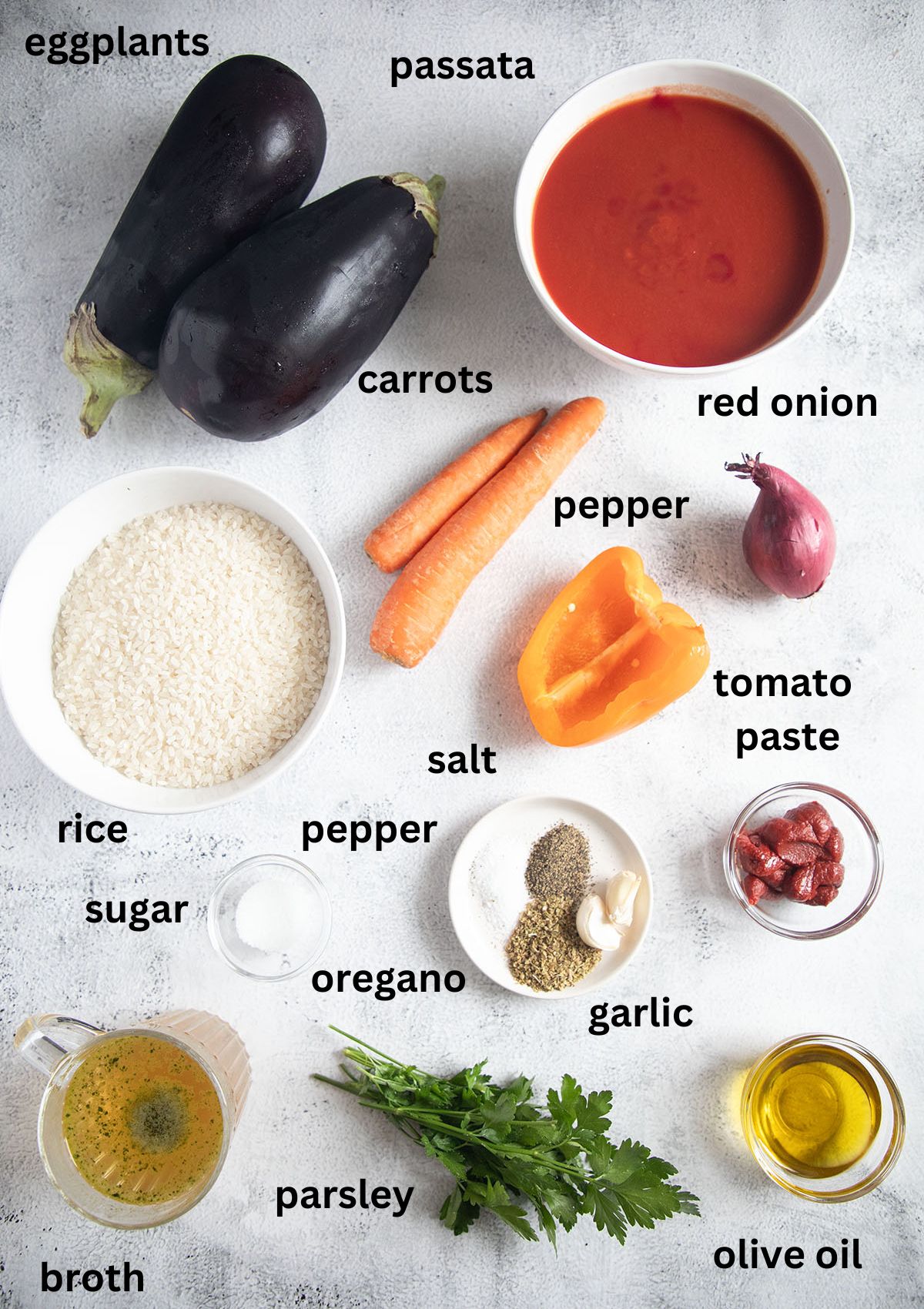 listed ingredients for making rice with eggplants, tomato sauce, and vegetables.