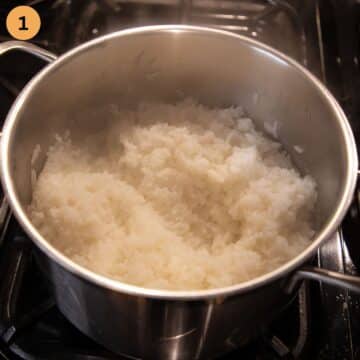 cooked risotto rice in a pot.