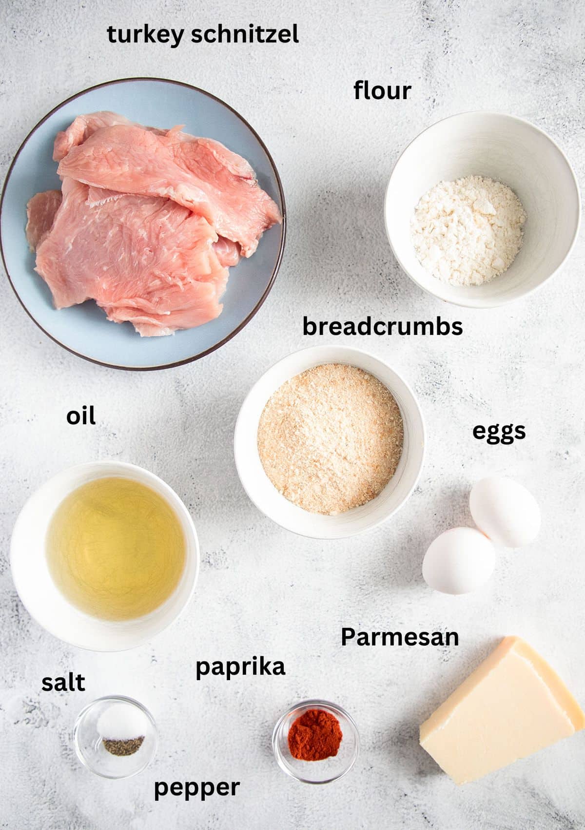 labeled ingredients for making turkey schnitzel with breadcrumbs and parmesan.