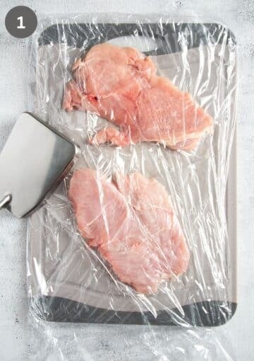 pounding turkey breast pieces between pieces of plastic wrap with a meat mallet.