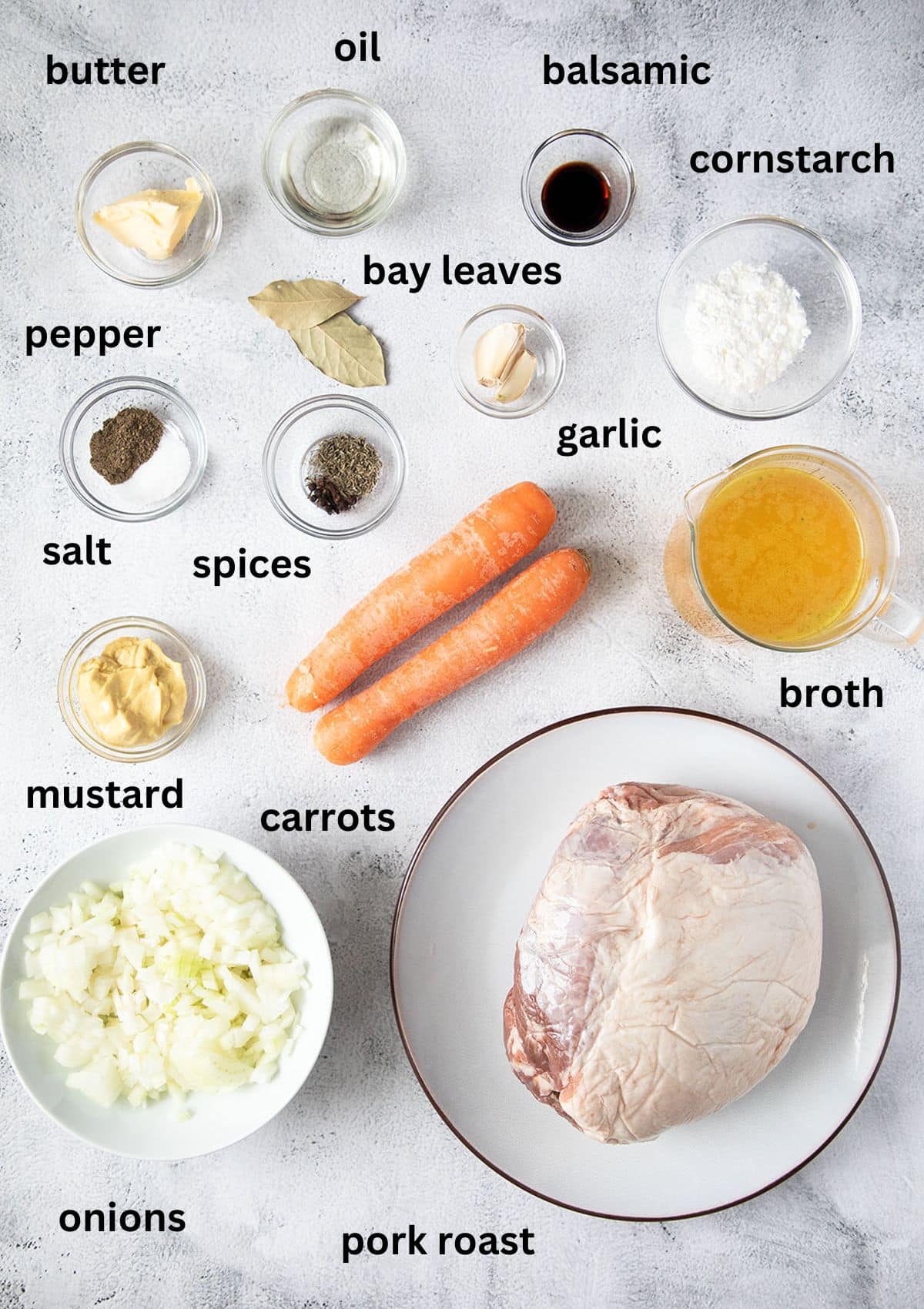 labeled ingredients for making pork roast with carrots, onions, and broth.