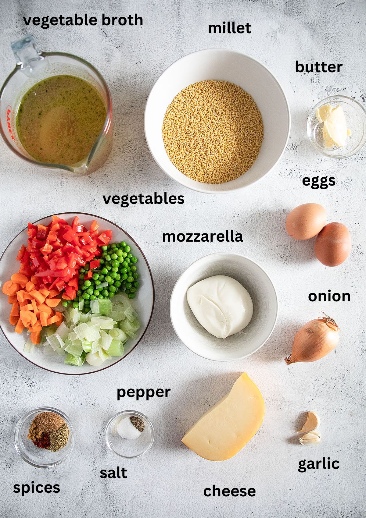 labeled ingredients for making millet bake.