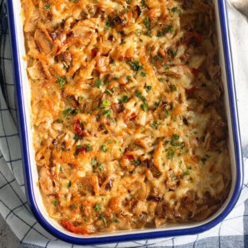 chicken cabbage casserole in a baking dish.