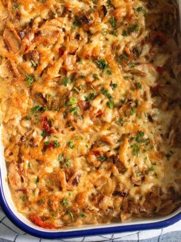 chicken cabbage casserole in a baking dish.