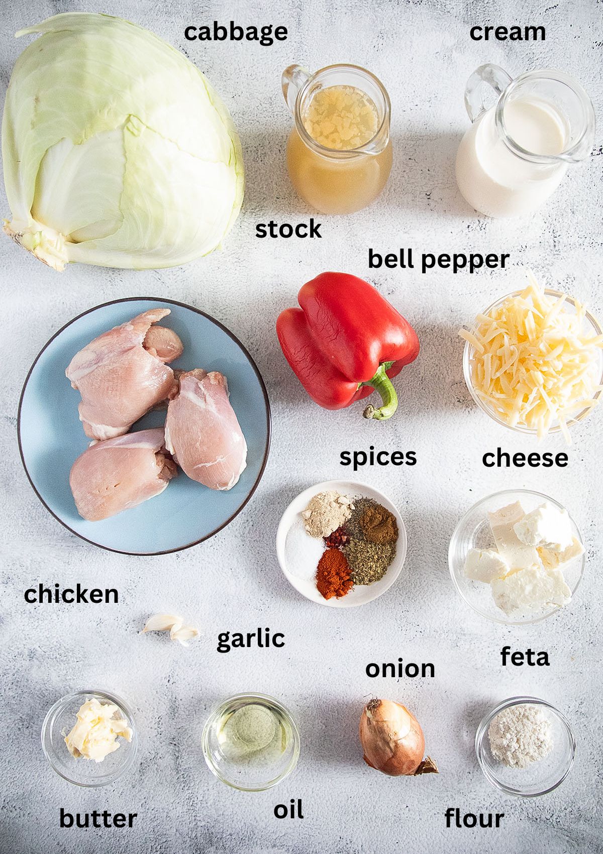 listed ingredients for making casserole with chicken, cabbage, pepper, feta, and grated cheese.