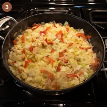 cooking shredded cabbage, onions and pepper in a pan to make a casserole.