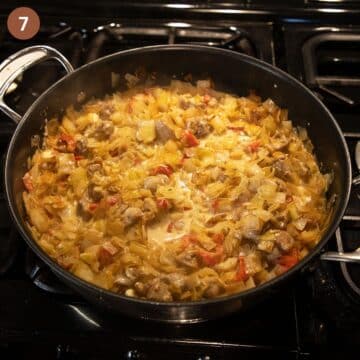 cabbage and chicken with sauce in a pan before cooking as a casserole.