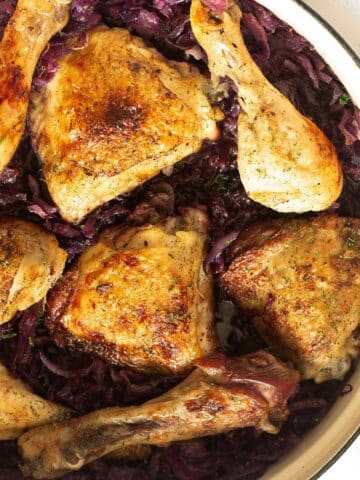 chicken and red cabbage simmered in a dutch oven.