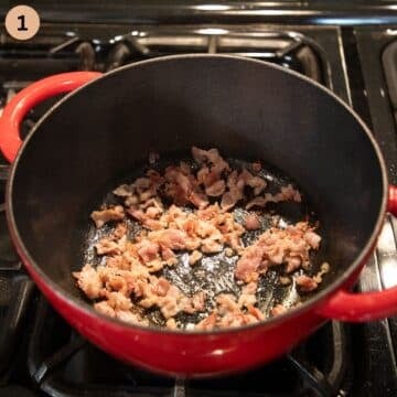 rendering bacon bits in a pot to make soup.