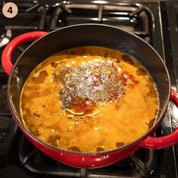 adding spices and bay leaves to a soup pot on the stove.