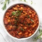 pinterest image with the title butter bean and chorizo stew.