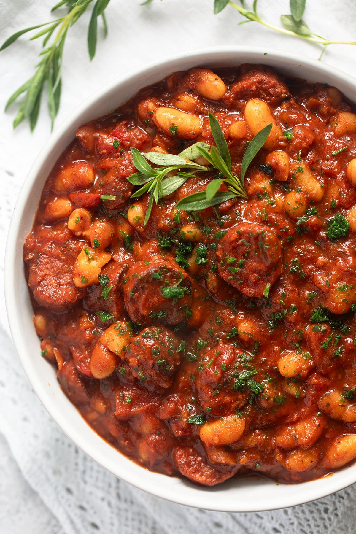 butterbean stew with chorizo in a bowl.