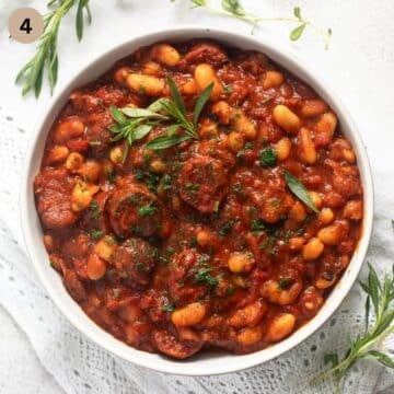 stew with chorizo and beans in a bowl.