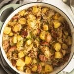 pinterest image with the title kielbasa sauerkraut potatoes.