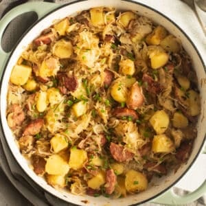 kielbasa and sauerkraut potatoes in a large pot.