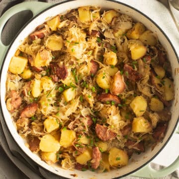 kielbasa and sauerkraut potatoes in a large pot.