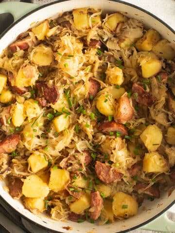 kielbasa and sauerkraut potatoes in a large pot.