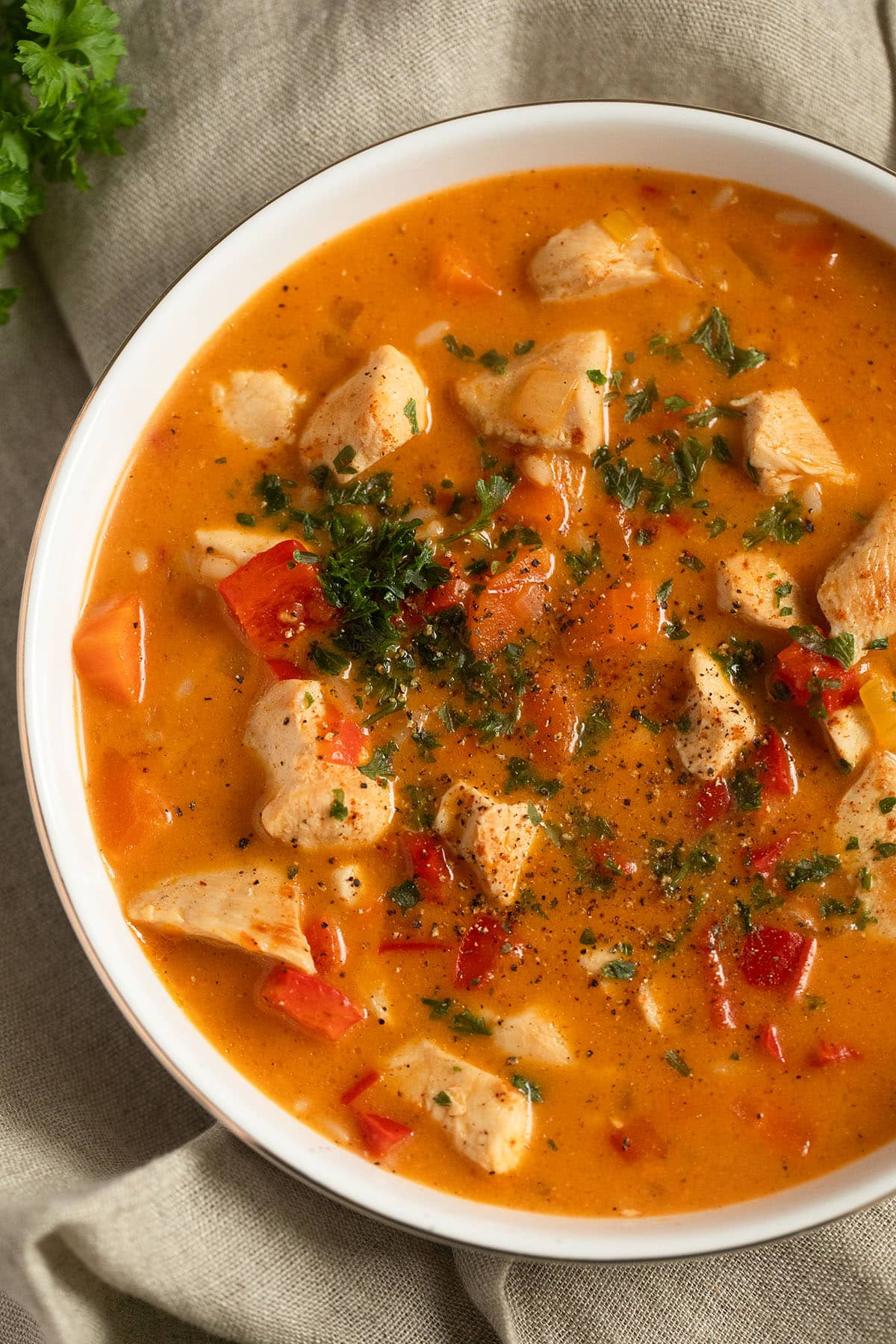 thick chicken paprika soup with rice in a white bowl.