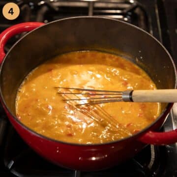 whisking flour in a pot of hot soup to thicken it.