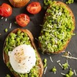 smashed peas on toast, one topped with an poached egg.