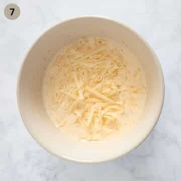 cream, cheese and egg mixture for quiche in a bowl.