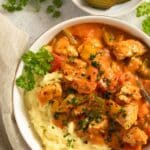 pinterest image with the title chicken goulash.