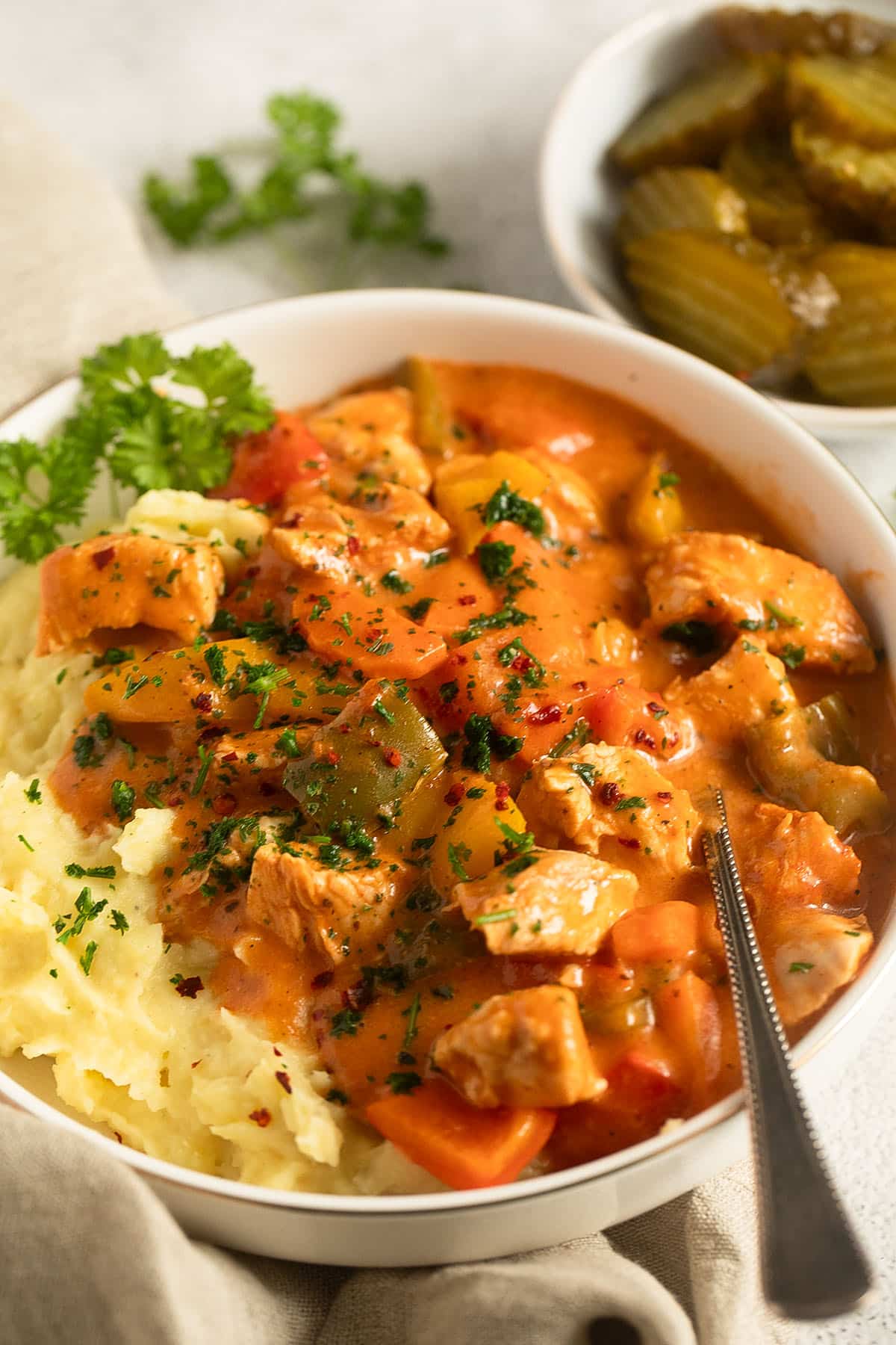 hungarian chicken goulash with mashed potatoes and pickles.