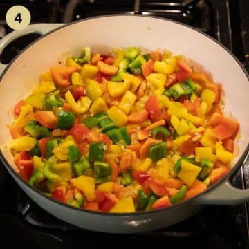 saute colorful pepper pieces in a pan.