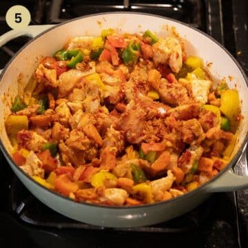 saute chicken and peppers in a pan.