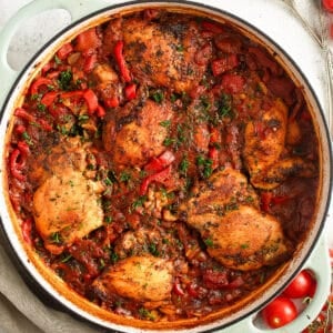 chicken orzo bake in a round dutch oven.