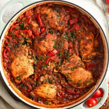chicken orzo bake in a round dutch oven.